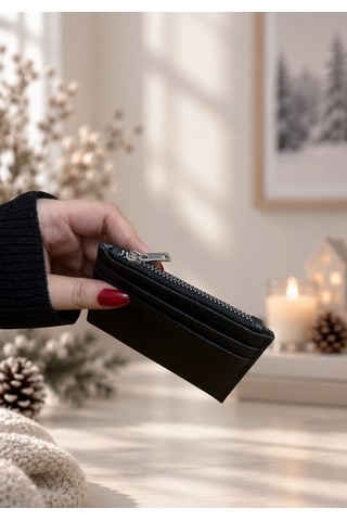 Elpida Bags Kabartma Dokulu Fermuarlı Siyah Deri Kartlık SİYAH