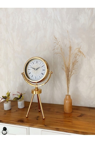Gold Metal Mini Tripod Çini Desenli Roma Rakamı Masa Saati 45 26 Cm 07 Beyaz