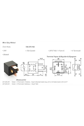 Yüksek Amperli Mini Güç Rölesi 24v 70a 4 Terminalli Toz Korumalı