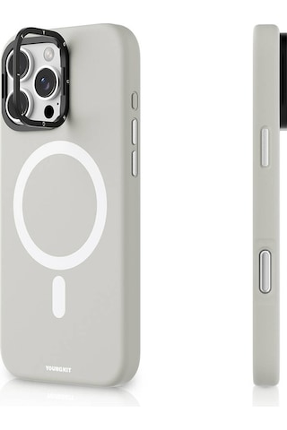 Apple iPhone 16 Pro Max Kılıf Kamera Standlı Magsafe Şarj Özellikli Youngkit Bitty Cream Kapak Gri