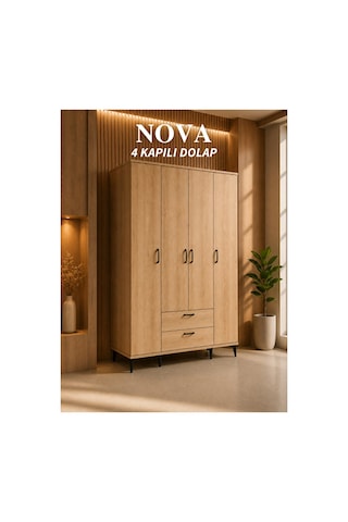 Nova 4 Kapılı 2 Çekmeceli Dolap, Gardrop Meşe