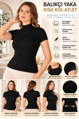 Kadın Balıkçı Yaka Kısa Kol Atlet Siyah, Esnek Kumaş, Vücuda Oturan Basic Body - Ryl - 2611 M