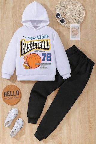 Uyguntarz Unisex Basketball Baskılı Çocuk Rahat Eşofman Takımı Beyaz