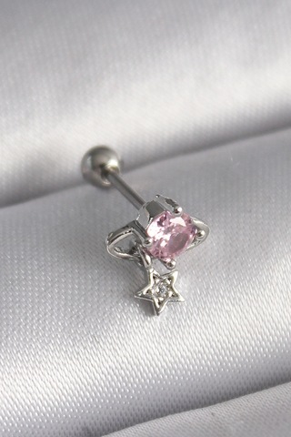 316l Çelik Gümüş Renk Pembe Zirkon Taşlı Sallantı Yıldız Detay Tragus Piercing 5886 Çok Renkli