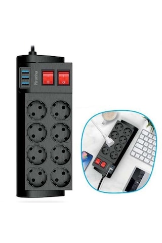 Lunaev Isıya Dayanıklı Termal Akım Korumalı 2 Metre 16a 4000 W 8li Priz Ve 3 Usb Li Uzatma Kablosu 0
