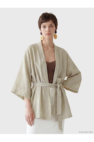 Lc Waikiki Bej Şal Yaka Keten Görünümlü Kadın Kimono