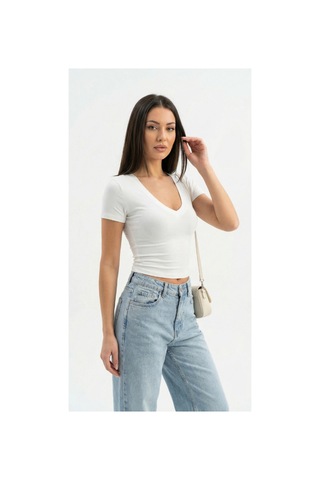 Dıanna Kadın Beyaz V Yaka Basic T-shirt Günlük Esnek Kumaş Kısa Kollu T-shirt