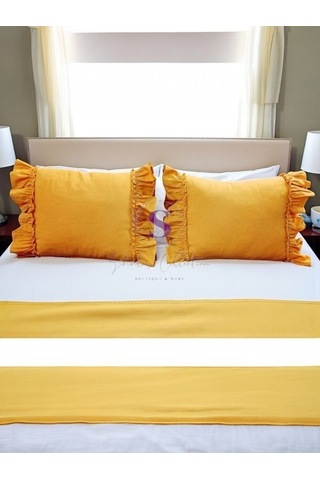 Oksit Sarı Keten Bohem Fırfırlı Vintage 2'li Dikdörtgen Kırlent Kılıfı Sarı