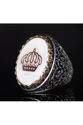 Regal Ve Sembolik Erkek 925 Ayar Gümüş Yüzük - Taç Sembolü Ve Doğal Taşlarla Süslenmiş Gümüş