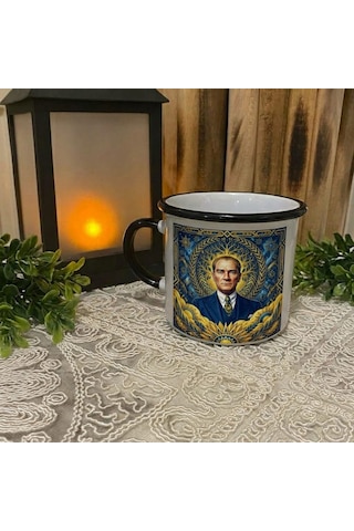 Kişiye Özel Sarı Lacivert Renk Tasarımlı Atatürk Portre Temalı Enamel Kupa Bardak 2 Sarı - Lacivert