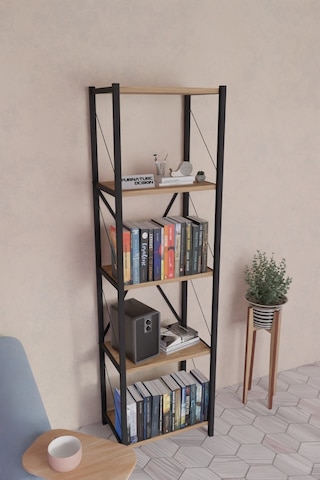 5 Dar Raflı Metal Kitaplık Dekoratif Çok Amaçlı Raf Atlantik Çam