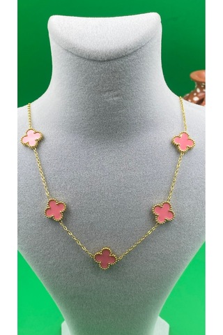 Gold Renk Yonca Desenli Çelik Kolye Pembe