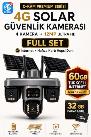 Ventus O-kam Ok335set4 12mp 4 Kameralı 4g Çift Solar Panel Gece Görüş 60gb 12ayx5gb Turkcell +32gb Hafıza
