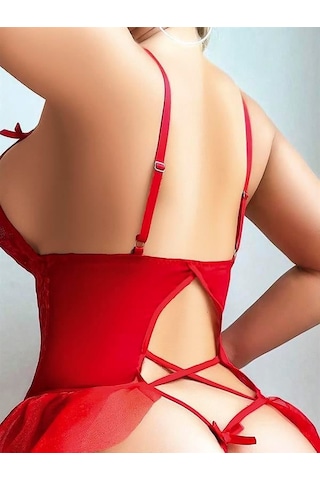 Majeur Kadın Closet Kırmızı Dantel Detaylı Önü Dekolteli Babydoll