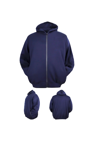 Erkek Büyük Beden 105 - 185 Kilo Arası İçin Uygun Kapüşonlu 3 İplik Şardonlu Kışlık Kalın Sweat Mont Indigo