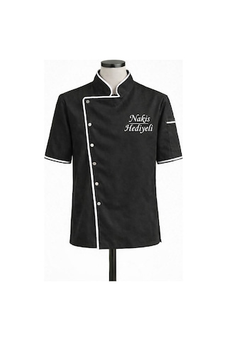 Kısa Kollu Chef Ceketi Profesyonel Aşçı Üniforması, Aşçı Gömleği Aşçı Forması Nakış Hediyeli Siyah