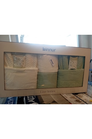 Binnur Line 10 Parça Aile Bornoz Takımı / %100 Pamuk / Aile Seti / Çeyizlik / Günlük / Modern / 1.kalite Beyaz - Yeşil