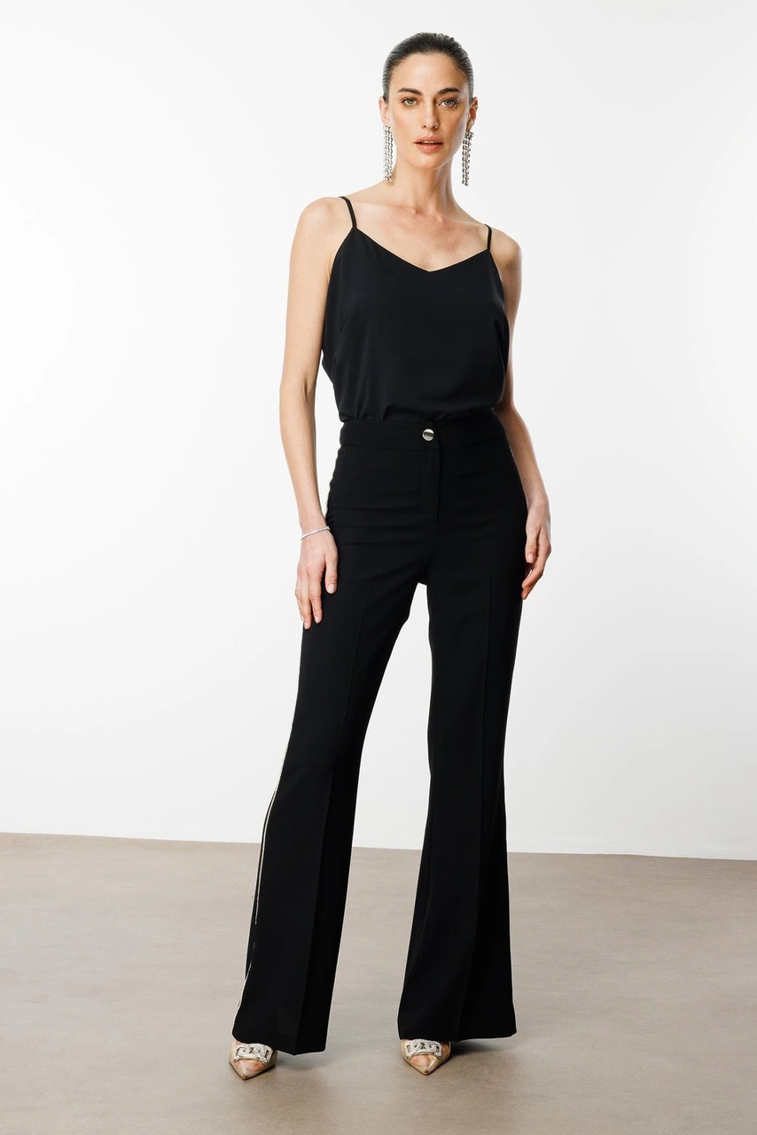 Moda İlgi Kadın Yanı Şerit Taş Aksesuarlı Pantolon 0077 Siyah Siyah