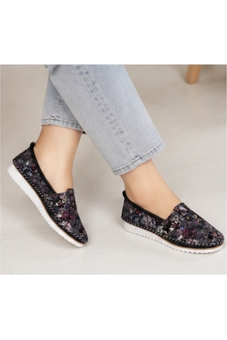 N Napa Shoe Np.108.fç.siyah Deri Sneaker Napa Shoe Kadın Hakiki Deri Comfort Günlük Ayakkabı Çiçek Desenli Siyah