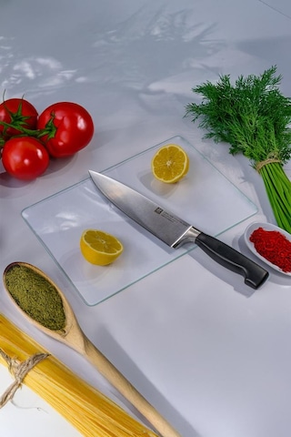 Miabella Home Şeffaf Cam Kesme Tahtası, Kesme Tablası Kenarları Oval, Antibakteriyal, Sunum Tahtası Şeffaf