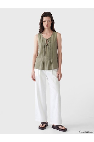 Lcw Comfort Yeşil Bağlamalı Yaka Pileli Bluz