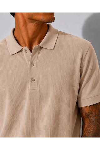 Ribana Erkek Kısa Kollu Fitilli Yarım Düğme Kapama Polo Yaka T-shirt 26001 Ekru