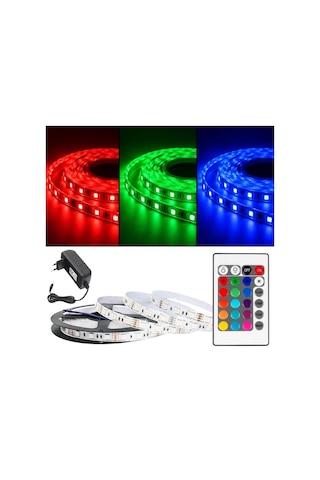 Rgb Led Şerit Seti, 16 Renk Kumandalı, Renk Değiştiren Led Aydınlatma, Adaptörlü Sb-6544 2.5 Metre