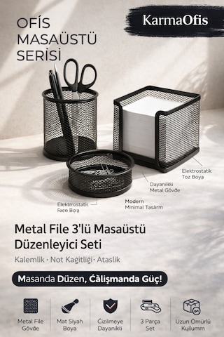 Metal File 3'lü Masaüstü Düzenleyici Seti Siyah Kalemlik Not Kağıtlığı Ataşlık Ofis Organizer Diğer