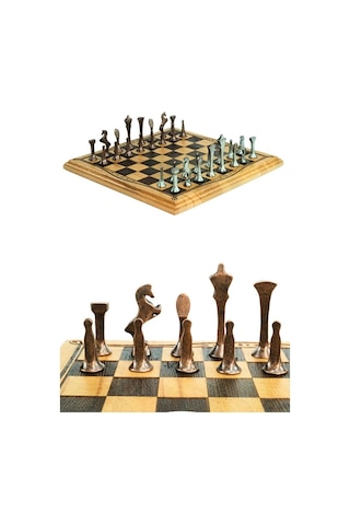 Mc52 Metal Satranç Takımı El Yapımı Doğal Ahşap Kayın Tahta Antik Metal Taşlar