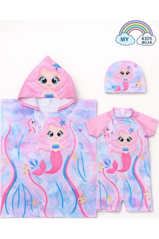 My Kids Wear Kız Çocuk Deniz Kombini 3 Lü Set Mayo, Havlu Ve Bone 12580 Beyaz - Mor