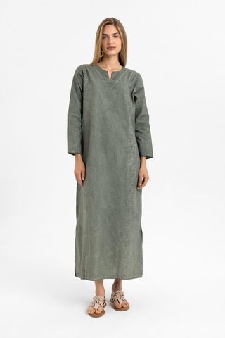 Haki İşlemeli Uzun Kollu Astarsız Pamuklu Uzun Elbise-hakı