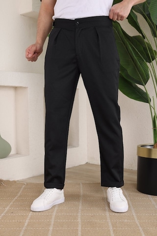 Erkek Duble Paça Yandan Tokalı Cord Desenli Old Money Pantolon Siyah