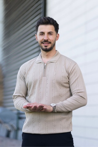 Hk Premium Triko Kazak Polo Yaka Fermuarlı Slim Fit Bej