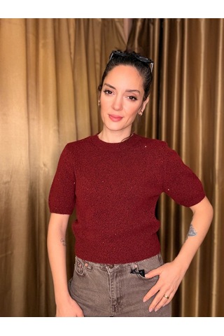 Ali Butik Bordo Pullu Simli Kısa Kol Triko Bordo