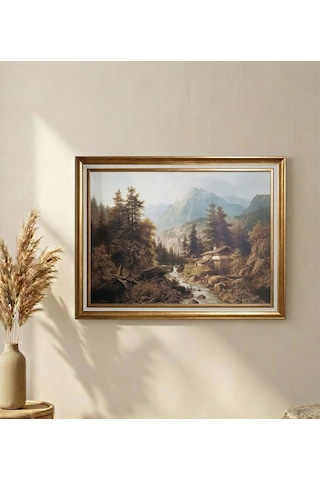 Vintage Dekoratif Gold Çerçeveli Manzara Tablosu 80x60 Cm