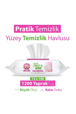 Turco Doğadan Pratik Yüzey Temizlik Havlusu Lotus 12x100 1200 Yaprak Beyaz