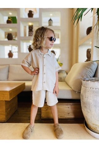 Kolları Nakışlı Gömlek Şort Keten Erkek Çocuk Takım Naturel