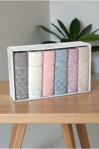 Jakarlı %100 Pamuklu 6'lı Lüks Kutulu Çeyizlik El Yüz Havlu Seti - 50x90 - 00050 Çok Renkli