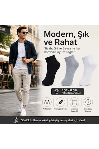 Çorap Giyim Erkek Kısa Konç Çorap 12 Li Paket, %80 Pamuklu, Dikişsiz Burun, Nefes Alan Yumuşak Bilek Çorabı, Siyah Gri Beyaz Çok Renkli
