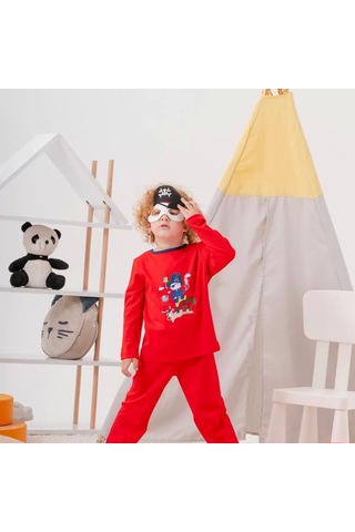 Korsan Desenli Çanta Ve Maskeli % 100 Pamuk Erkek Çocuk Pijama Takımı Kırmızı