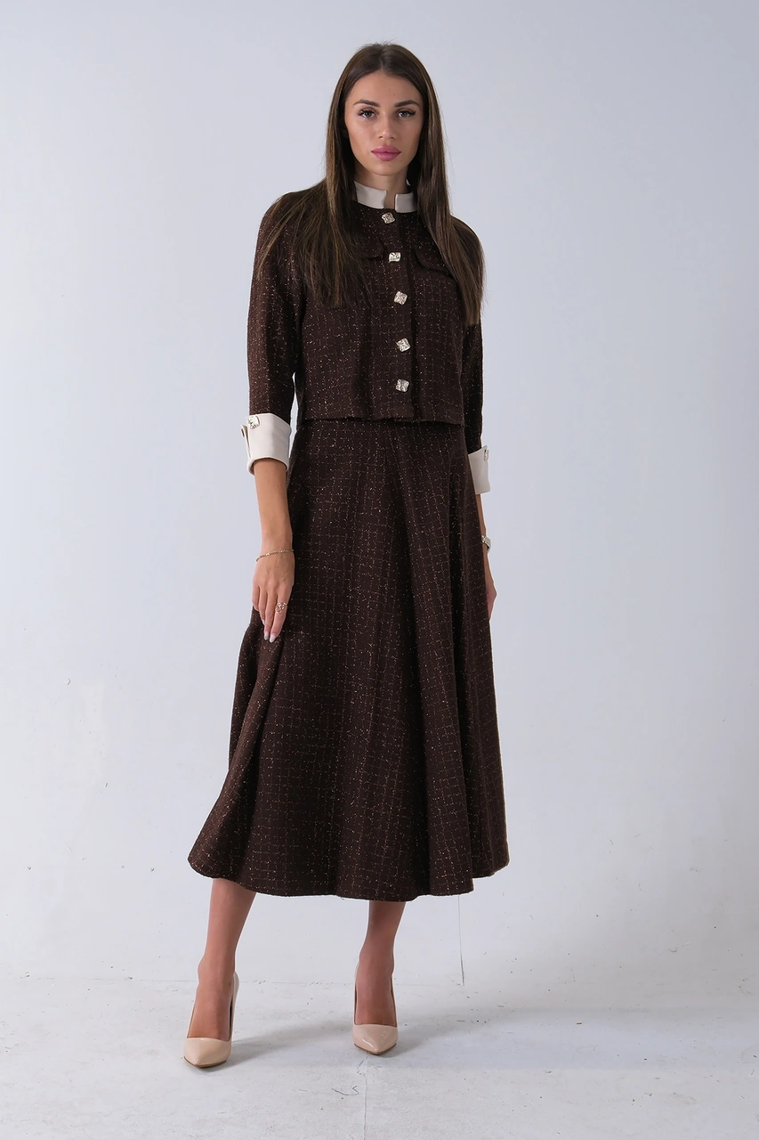 Feminist Kahve Önü Düğme Kapamalı Crop Ceket Etekli Tüvid Takım 45950601.05 Kahve