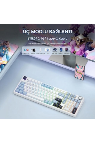 Aula F99 Pro 3 Modlu Rgb Hot Swap Mekanik Star Vector Switch Kablosuz Makrolu Klavye Lacivert