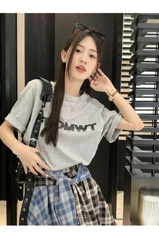Fromwt T-shirt - Gri Baskılı Oversize Bisiklet Yaka Kısa Kol Gri
