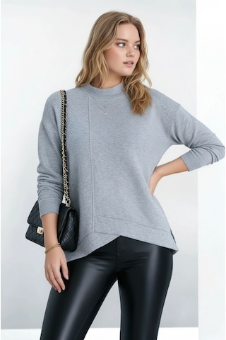 Mamayaga Kadın Yarım Dik Yaka Asimetrik Kesim Uzun Kol Büyük Beden Curve Sweatshirt Gri