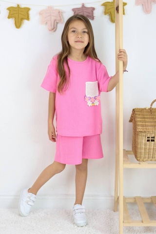 Örme Nakışlı Müslin Şort Takım Pembe