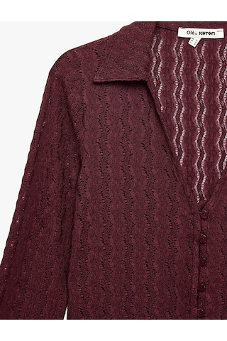 Koton Slim Fit Uzun Kollu Düğmeli Polo Yaka Ajurlu Tişört Bordo 7wal10022ık