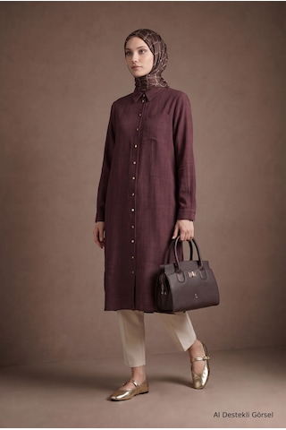 Armine Trend Boydan Düğmeli Cep Detaylı Gömlek Yaka Tunik Bordo 26kt461