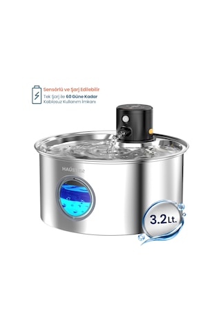 Haustier W2 Otomatik Kablosuz Kedi Su Pınarı, Sensörlü , Bataryalı , Ultra Sessiz, Çelik , 3.2lt Hazne