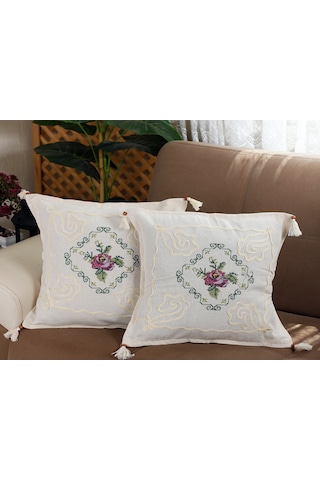 Kanaviçe Işlemeli 2 Li Kırlent Kılıfı Gül Demet-mor Renk