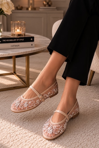 Renklibutik Boncuk Ve Taş İşlemeli Nakışlı - Şık Günlük Babet Wedding Davet Özel Gün Krem
